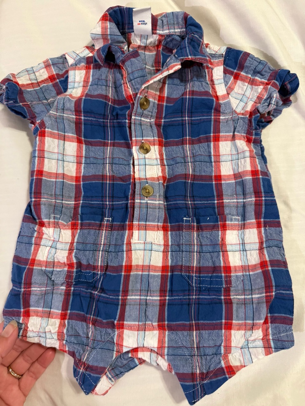 Newborn Plaid Button-Up Romper Shirt in Blue/Red/White